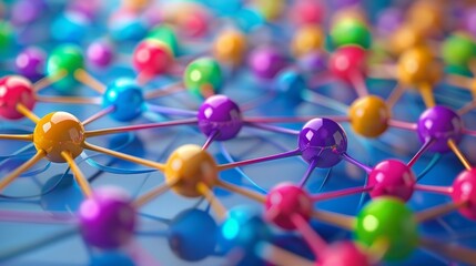 network of colorful balls connected by metal rods. The balls are arranged in a grid-like pattern.