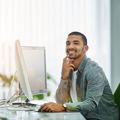 Leinwandbilder - Man, portrait and computer with smile as graphic designer for website, programming or software. Male person, face and creative copywriting at media agency or desktop for digital, research or skill