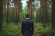 Rear view of a businessman in a suit standing amidst tall pine trees, contemplating nature