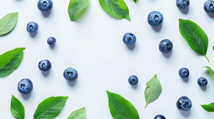Wall Mural - Fresh blueberries with vibrant green leaves, crisply isolated on a pure white background