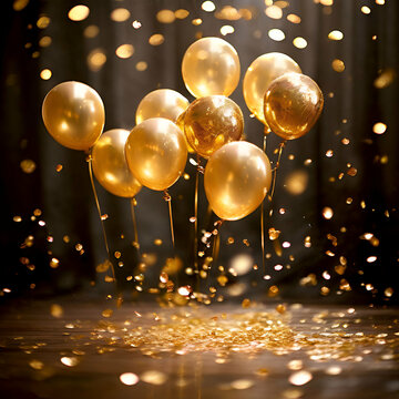 golden christmas balons ,Golden Balloons with Golden Bokeh Background,generate ai
