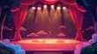 © Chingiz - A vibrant vector cartoon illustration of a theater stage, framed by lush red curtains and illuminated by dramatic spotlights.