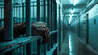 person in in jail, prisoner puts hand through the bars, empty corridor