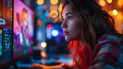 Poster - young woman working late at night on computer in modern urban office environment