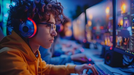 Poster - focused student in animation class using professional software for creative learning and education