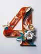 Elegant Quilled Number 4 Adorned with Orange and Blue Paper Flowers Paper Art .