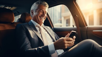 Wall Mural - Handsome businessman in suit is sitting and working with a smartphone. in the backseat of a Luxury Car.