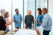 © peopleimages.com - Business people, architect and applause in office for success of building project with blueprint and diversity. Architecture, employees or collaboration with clapping hands in boardroom for proposal