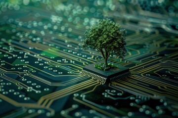 A Tree growing on the converging point of computer circuit board.