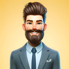 Business Man, Smiling asian Cartoon character with busines suit standing on yellow background, 3d
