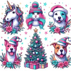 Many cartoon animals with hats and christmas tree art realistic lively illustrator.