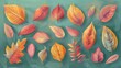 Colorful Autumn Leaves Collection on Textured Green Background.