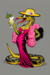 Stylish Anthropomorphic Snake in Elegant Dress Sipping a Cocktail at Party.