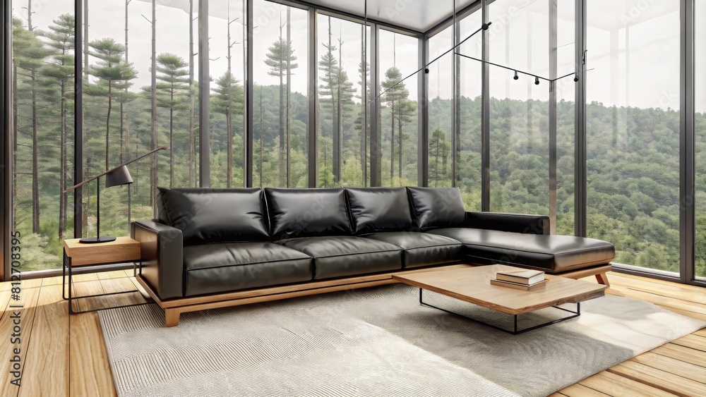 Modern living room interior with a black leather sofa and wooden coffee ...