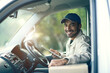 © peopleimages.com - Delivery man, portrait and tablet in van for online information on schedule, digital logistics and dispatch details or updates. Person, technology and tracking on courier app for distribution.