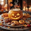 Cozy Autumn Evening with Jack-o'-Lantern Pumpkin Serving Hot Beverage Surrounded by Candles and Pastries.