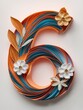 Elegant Quilled Number 6 Adorned with Orange and Blue Paper Flowers Paper Art .