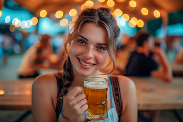 Wall Mural - Young beautiful woman smiling with a beer mug at a bustling festival, capturing the joyful atmosphere with festive lights and crowd in the background