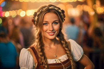 Wall Mural - Young woman dressed in traditional costume, smiling beautifully at a beer festival, perfectly blending with the festive atmosphere and vibrant crowd in the softly lit evening background.