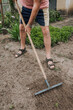 An adult man, a retired gardener, rakes the soil with a rake in the spring in the garden outdoors. Agriculture concept.
