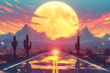 Wall Mural - 80s retro poster of the desert with mountains and cacti, road leading to an ominous full moon in the background