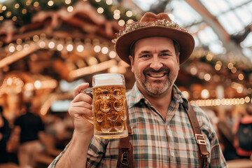 Wall Mural - man in traditional lederhosen smiling, holding a beer mug at Oktoberfest, enjoying the festive atmosphere surrounded by a bustling crowd under illuminated tents at the beer festival