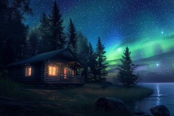 Canvas Print - Serene night scene featuring a cozy cabin under the magical aurora borealis sky by the lake