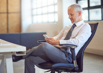 Poster - CEO, internet and tablet with business man in office for email communication, management or research. Corporate, smile and technology with happy mature boss or employer reading info in workplace