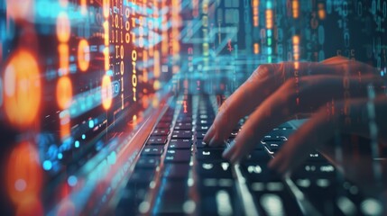 Poster - hands typing on computer keyboard, with abstract code, online cyber attack, hack, threats and breaches Network concept, cyber technology