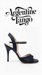 Elegant Navy Blue High Heel Sandal on a White Background, Vintage Text Argentine Tango.