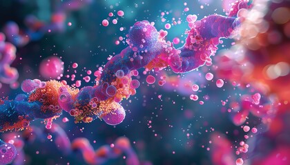 Biotech enzymes acting on food particles, top view, Enzyme activity zoom, sci-fi tone, Complementary Color Scheme