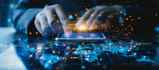 Poster - businessman using tablet with global network visualization for digital marketing strategy planning, 