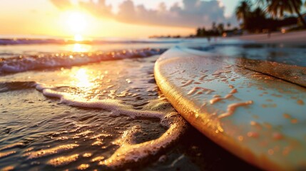 Wall Mural - A surfboard laying on a sandy beach, perfect for summer vacation concepts