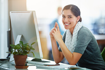 Sticker - Business, portrait and woman at desk in office for email planning schedule or agenda. Human resources, smile and employee with computer for happiness, administration or digital calendar update