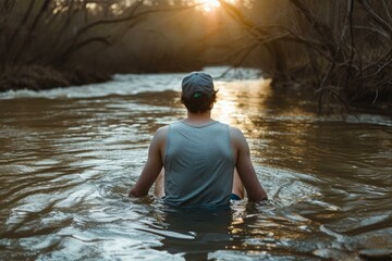 Sticker - Peaceful scene of a man sitting in a river, surrounded by trees, as the sun sets