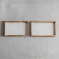 Two empty, wide, wooden frames on a light gray plain wall.