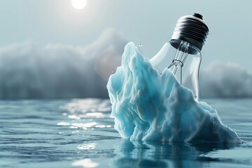 Wall Mural - innovative light bulb with melting iceberg and water concept of energy conservation and climate change 3d illustration