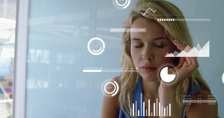 Poster - Image of graphs, loading circles, bars, caucasian woman having headache while working on laptop