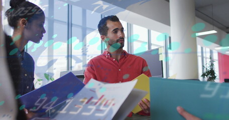 Poster - Image of graph, changing numbers, map over diverse coworkers sharing ideas in office