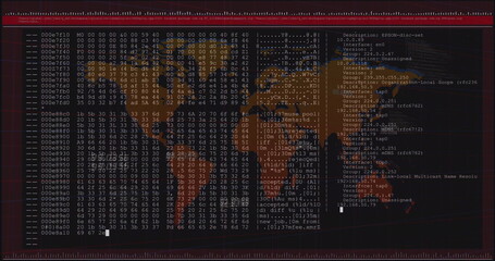 Poster - Image of numbers and computer language in terminal interface over map against black background