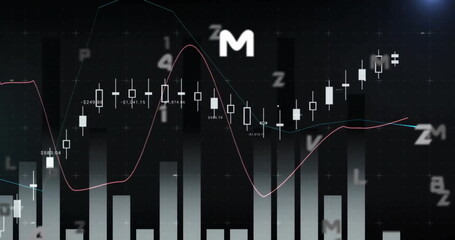 Poster - Image of changing numbers and letters with graph over black background