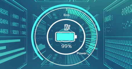 Leinwandbilder - Image of icon, texts in speedometer with changing numbers over blue background