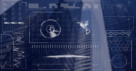 Poster - Image of radar, globe, loading bars and circles over low angle view of buildings against sky