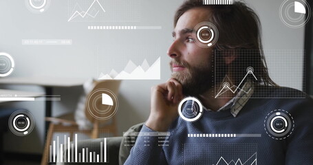 Poster - Image of infographic interface over caucasian businessman thinking and looking away in office