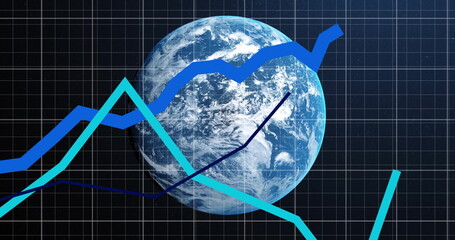 Poster - Image of growing graphs, grid pattern and globe over black background
