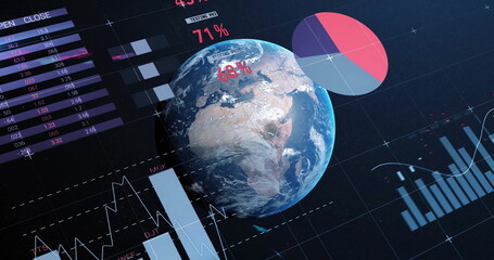 Poster - image of multicolored infographic interface and globe over black background