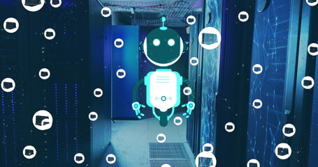 Poster - Image of ai chat bot and icons over computer server background