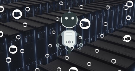 Poster - Image of ai chat bot and icons over computer server background