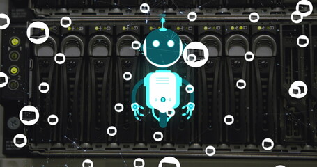 Poster - Image of ai chat bot and icons over computer server background