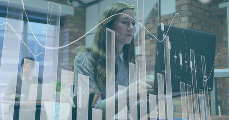 Poster - Image of financial data processing over caucasian businesswoman in office